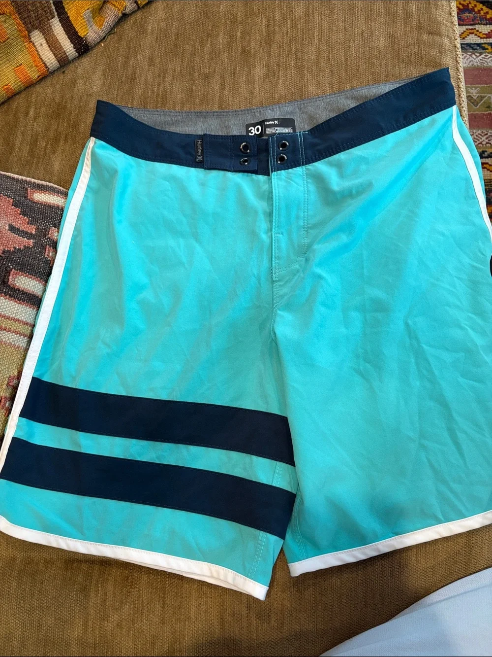 Hurley Teal Swim Board Shorts with Navy Stripes